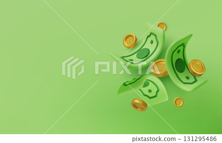 3D falling hundred dollars and gold coins. Cartoon paper currency and coins. Business and success investment background. Vector illustration 3D falling hundred dollars and gold coins. Cartoon paper currency and coins. Business and success investment background. Vector illustration 131295486