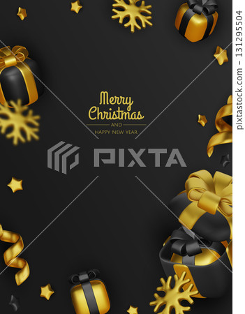Happy New Year and Merry Christmas. Christmas holiday background with realistic 3d objects, bauble balls, conical metal stars. Levitation falling design composition. Happy New Year and Merry Christmas. Christmas holiday background with realistic 3d objects, bauble balls, conical metal stars. Levitation falling design composition. 131295504