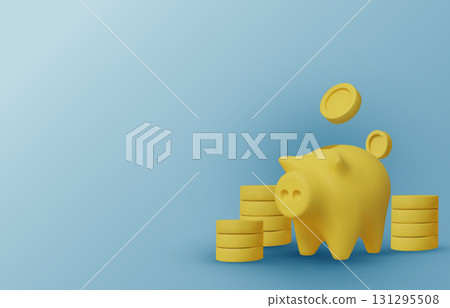 Piggy bank with falling coins and stacked money on yellow background, symbolizing savings, investment, finance, and wealth management. 131295508