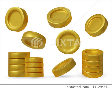 3D set realistic golden coins with different angles. Symbol of gold and wealth. 3D set realistic golden coins with different angles. Symbol of gold and wealth. 131295510