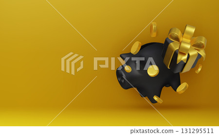 Black piggy bank with stacked coins and gift box, symbolizing money saving, investment, finance, banking, and economic growth Black piggy bank with stacked coins and gift box, symbolizing money saving, investment, finance, banking, and economic growth 131295511