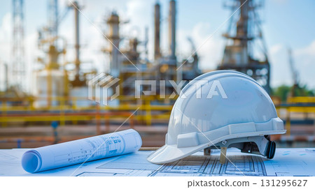 industry. helmet engineer and blueprint at factory outdoor site. 131295627