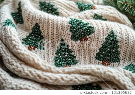 Rustic Charm. Crocheted bright Christmas trees on a winter background. Christmas atmosphere. Creative hobby. Rustic Charm. Crocheted bright Christmas trees on a winter background. Christmas atmosphere. Creative hobby. 131295682