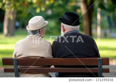 Elderly couple sitting quietly outdoors during Yom Kippur, holding hands in emotional connection 131295816