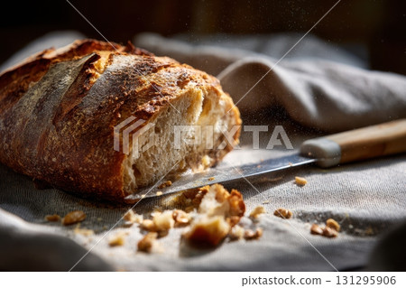 Minimalist bakery scene focused on texture and slicing moment, great for high-end food editorials and lifestyle visuals. 131295906