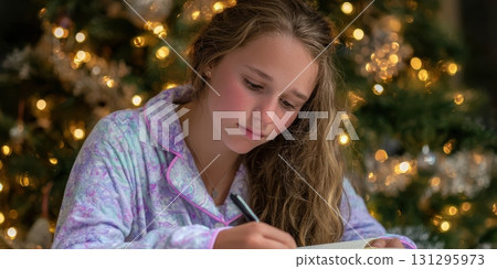 Real moment of a teenager journaling on Christmas morning by the tree. 131295973