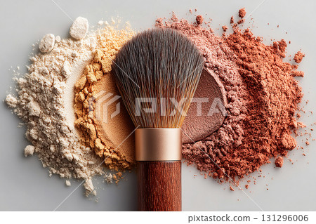 High-end makeup. Palette with loose powder. Flat lay of makeup brush placed next to a color palette on white background. 131296006