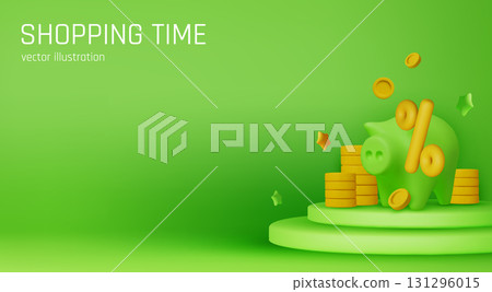 3D piggy bank illustration with flying coins and discount percentage, ideal for sales, shopping, and financial marketing projects. 131296015