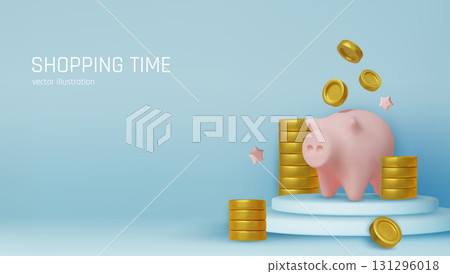 Finance and shopping concept illustration with piggy bank, coins, basket, and percentage sign for savings and discounts Finance and shopping concept illustration with piggy bank, coins, basket, and percentage sign for savings and discounts 131296018