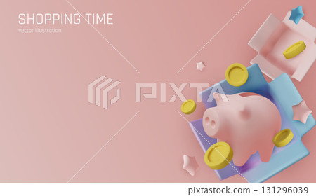3D piggy bank with coins and stars on pink background, representing money saving, gift shopping, and financial growth. 131296039