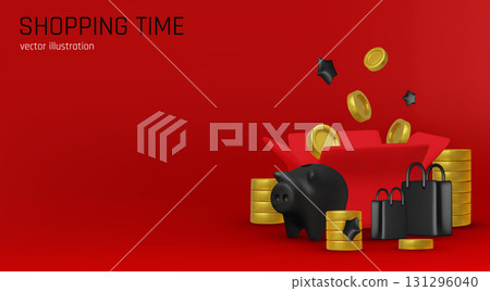 Finance and shopping concept illustration with gold piggy bank, coins, basket, and percentage sign for savings and discounts 131296040