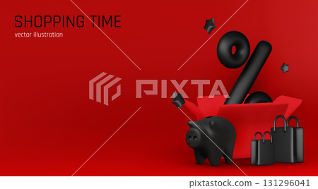 3D piggy bank illustration with flying coins and discount percentage, ideal for sales, shopping, and financial marketing projects. 131296041