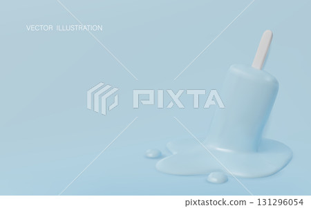 Minimalistic illustration of a melting blue ice cream popsicle on a bright pastel background. 131296054