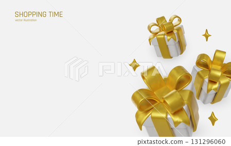 White festive gifts tied with glossy golden bows. 131296060