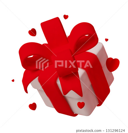 Valentine s Day Gift Box with Pink Ribbons and Red Hearts 3D Romantic Background 131296124
