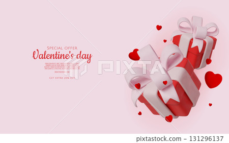 Elegant Valentine s present boxes decorated with pink bows and surrounded by red heart shapes. 131296137