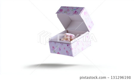 Blind box mid-air with lid open and surprise toy inside, dynamic unboxing moment frozen in time, isolated on white for commercial use 131296198