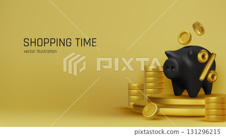 Golden piggy bank in black shopping basket with falling coins, symbolizing savings, discounts, investments, and financial growth Golden piggy bank in black shopping basket with falling coins, symbolizing savings, discounts, investments, and financial growth 131296215