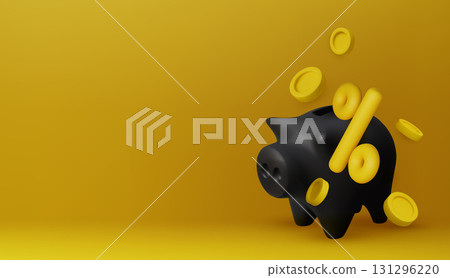 Black piggy bank with golden coins and percentage symbol, perfect for finance, savings, discounts, and banking promotional design. Black piggy bank with golden coins and percentage symbol, perfect for finance, savings, discounts, and banking promotional design. 131296220