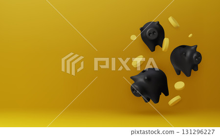Black piggy bank with stacked coins on yellow background, symbolizing money saving, investment, finance, banking, and economic growth Black piggy bank with stacked coins on yellow background, symbolizing money saving, investment, finance, banking, and economic growth 131296227