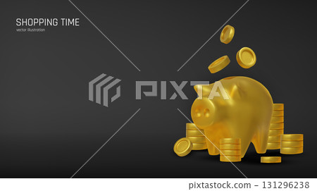 3D illustration of piggy bank surrounded by coins, representing personal savings, budget planning, banking, and financial security. 131296238