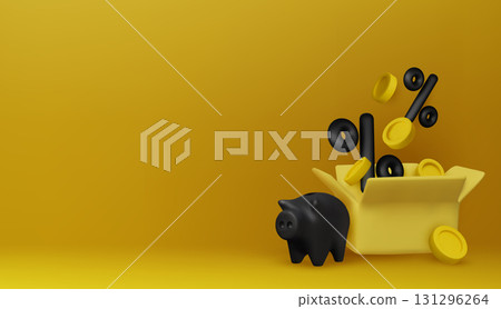 Modern 3D piggy bank concept with percentage symbol and coins, great for investment, finance, and promotional campaigns. 131296264