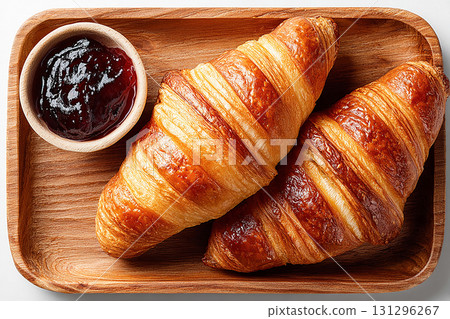 Meal-prep friendly. Breakfast on a tray with a plate of jam and croissant on a white background. Hotel breakfast styles. Top view. 131296267