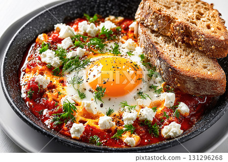 Moody lighting. Shakshuka with feta and whole-grain bread. Middle eastern menu. Gourmet high-protein breakfast. 131296268