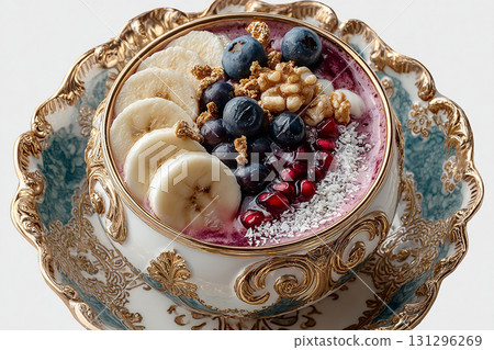 Colorful acai bowl with banana slices, coconut flakes and granola on a white background.  Expensive tableware. Healthy and Wellness Breakfast for luxury resorts. 131296269