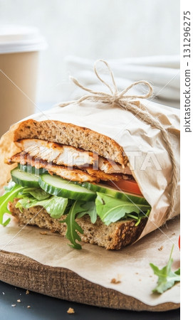 Wholesome deli-style sandwich with grilled chicken and crisp vegetables in kraft wrap, styled with eco-conscious details, soft shadows, and takeaway coffee in a warm, rustic setting. Wholesome deli-style sandwich with grilled chicken and crisp vegetables in kraft wrap, styled with eco-conscious details, soft shadows, and takeaway coffee in a warm, rustic setting. 131296275