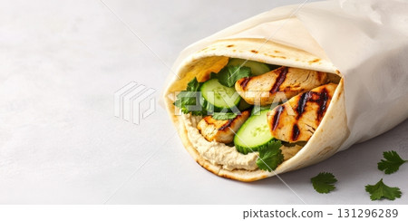 Minimalist hummus and chicken pita on neutral backdrop, showcasing shape and freshness in a calm, contemporary visual style perfect for healthy eating or meal prep designs. 131296289