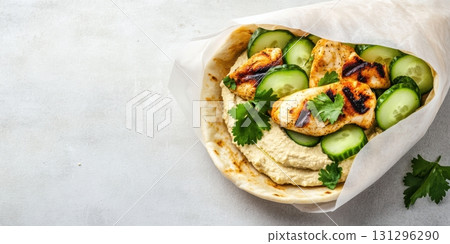 Modern food composition featuring a neatly wrapped pita sandwich with fresh ingredients and natural textures, shot in soft lighting with negative space for versatile use. 131296290