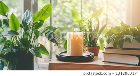 Candle Plate Ritual Scene with Taper Candles on Windowsill in Cozy Interior with Books and Plants 131296317