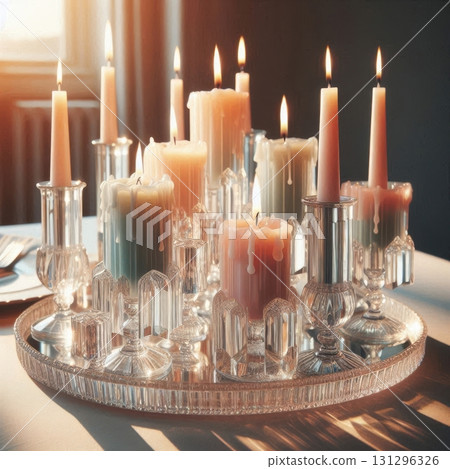 Artistic home styling with crystal candle plate, pastel wax layers, and minimalist soft evening light Artistic home styling with crystal candle plate, pastel wax layers, and minimalist soft evening light 131296326