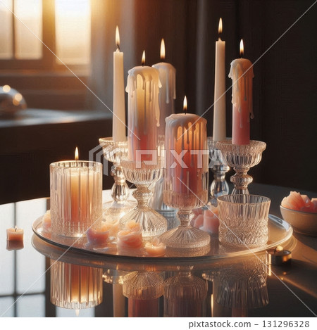 Crystal candle plate with pastel taper candles and soft wax drips in an elegant, tranquil home setting 131296328