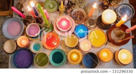 Top view of a warm DIY scene with melting wax, boho charm, and improvised decor in cozy home Top view of a warm DIY scene with melting wax, boho charm, and improvised decor in cozy home 131296330