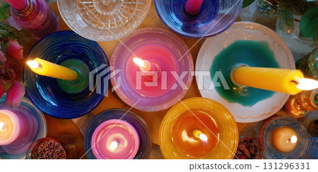 A playful arrangement of household items used as candle holders with spontaneous wax art A playful arrangement of household items used as candle holders with spontaneous wax art 131296331