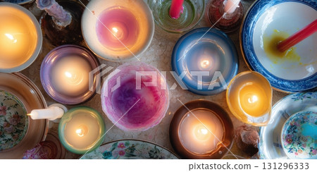 DIY Candle Plate with Mismatched Holders and Bright Taper Candles in Cozy Interior with Wax Pools 131296333
