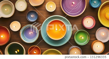 A playful arrangement of household items used as candle holders with spontaneous wax art 131296335