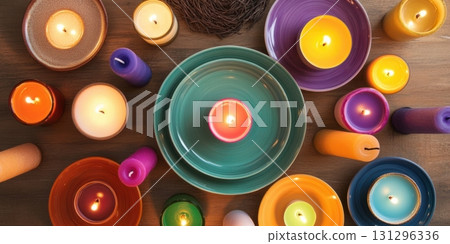 DIY candle plate using mismatched holders with bright taper candles and colorful wax puddles in cozy lighting 131296336