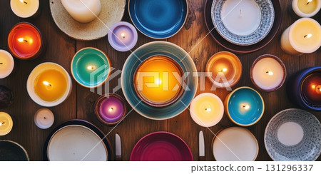 DIY Candle Plate with Mismatched Holders and Bright Taper Candles in Cozy Interior with Wax Pools DIY Candle Plate with Mismatched Holders and Bright Taper Candles in Cozy Interior with Wax Pools 131296337