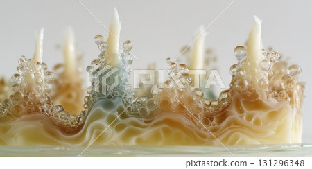 Abstract wax textures on a clear glass plate with burnt taper candle wicks in pastel shades 131296348