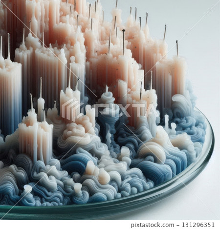 Macro view of melted candle art showcasing wax layers and sculptural textures on plate Macro view of melted candle art showcasing wax layers and sculptural textures on plate 131296351