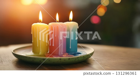 Melting Taper Candles on Ceramic Candle Plate in Warm Light for Cozy Home Decor and Mindful Rituals Melting Taper Candles on Ceramic Candle Plate in Warm Light for Cozy Home Decor and Mindful Rituals 131296361