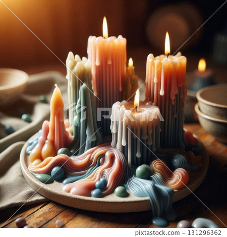 Close-up of ceramic candle plate with burning taper candles, wax melting into artful patterns 131296362