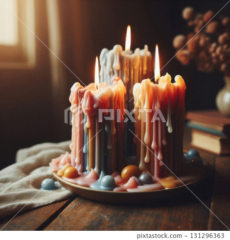 Soft wax textures and colorful drips on candle plate for slow living-inspired aesthetic photography Soft wax textures and colorful drips on candle plate for slow living-inspired aesthetic photography 131296363