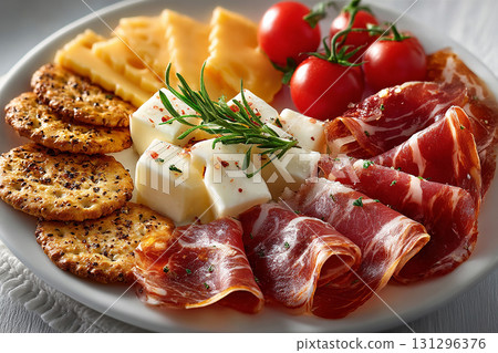 White plate with slices prosciutto, pieces of brie, cheddar with crackers and tomatoes. Moody lighting. Classic Continental Breakfast. Hotel Breakfast Styles. 131296376