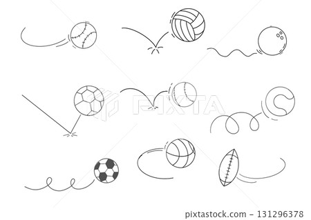 Bounced ball comic manga effect, doodle line hand drawn ball jump trajectory, ball motion expression. Sketch movement. 131296378