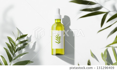 Moringa oil product mockup with elegant label and sunlight shadows on white background, minimalist clean beauty concept for organic skincare packaging design 131296409
