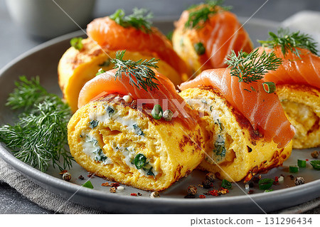 Instagram aesthetic. High-protein breakfast. Breakfasts served in hotels. Breakfast sushi: scrambled eggs and smoked salmon rolls. Viral food trend. Instagram aesthetic. High-protein breakfast. Breakfasts served in hotels. Breakfast sushi: scrambled eggs and smoked salmon rolls. Viral food trend. 131296434